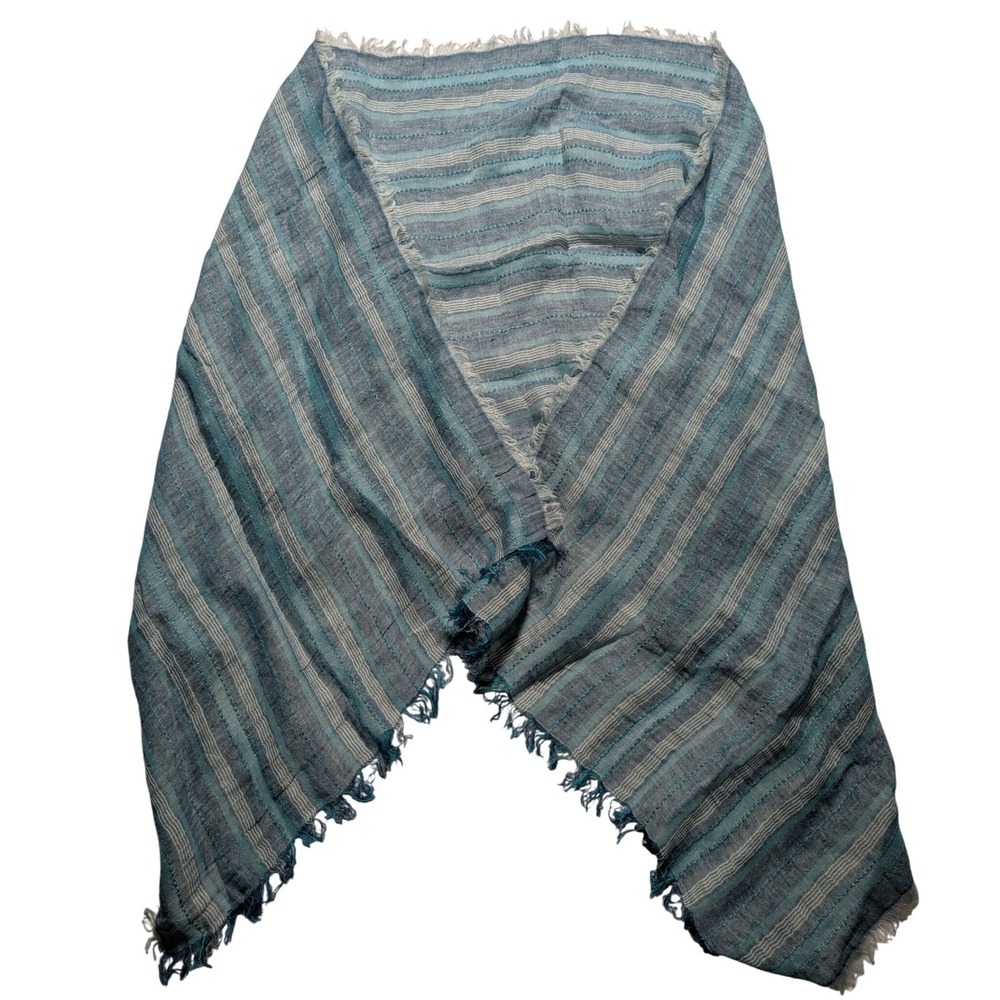 Eileen Fisher Blue Striped Linen Organic Cotton Scarf Made in Italy Fringe Trim